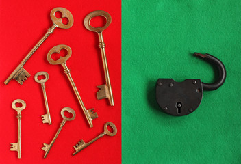 seven golden keys in different direction on red felt and open pa