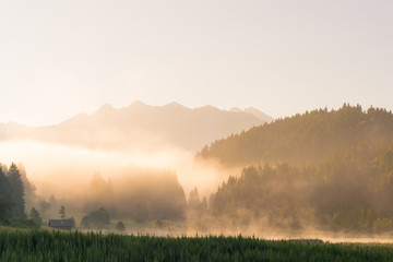 Malerischer Sonnenaufgang mit Nebel im Sommer im Karwendel