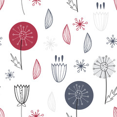 Floral seamless vector pattern. Scandinavian background. Cute plants, white background