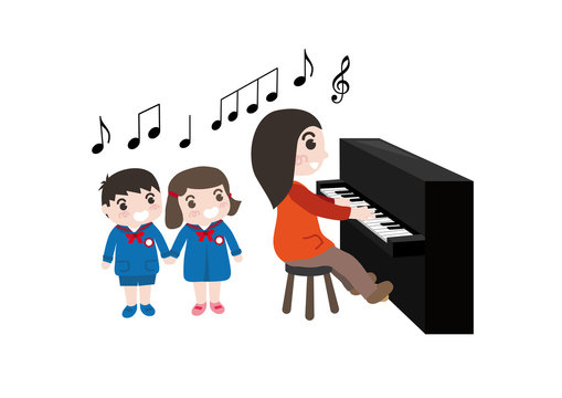 ピアノを弾いてる幼稚園の先生と歌ってる幼稚園生の男の子と女の子 ベクターイラスト Stock ベクター Adobe Stock