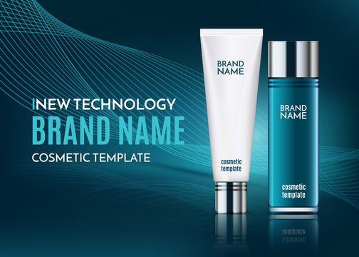 A beautiful cosmetic ads template, blue translucent bottle with white tube for moisturizing cream on background with abstract digital wave. Technology make up modern design