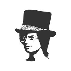 Face half turn view. Elegant silhouette of a woman wearing top hat and spectacles