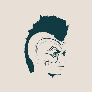 Face half turn view. Elegant silhouette of a female head decorated by tattoo. Mohawk hairstyle