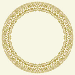 Oriental vector round golden frame with arabesques and floral elements. Floral border with vintage pattern. Greeting card with place for text