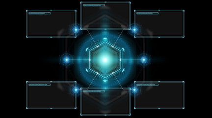 Digital screens interface with holograms datas 3D rendering