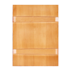 A golden natural color is an empty varnished wooden frame for photographs, paintings or an icon. Back view isolated on white background