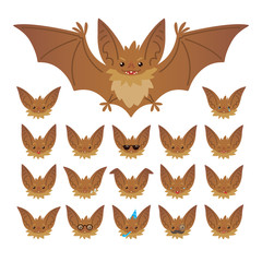 Hallowen character emoticon set. Vector illustration of cute flying bat vampire and it s bat-eared snout with different emotions in flat style. Emoticon collection for design, print, decoration.