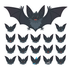 Hallowen character emoticon set. Vector illustration of cute flying grey bat vampire and it s bat-eared snout with different emotions in flat style. Emoticon collection for design, print, decoration.