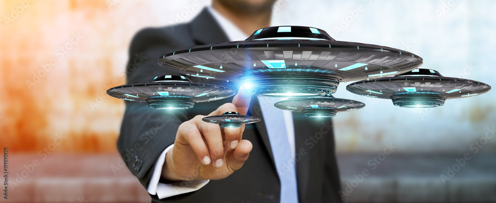 Poster Businessman with retro UFO spaceship 3D rendering