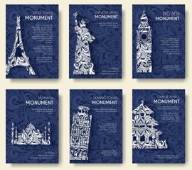 set of art ornamental travel and architecture on ethnic floral style flyers. Historical monuments of France, England, Italy, USA, Germany, Mexico