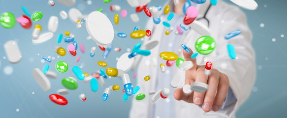 Doctor giving colorful pills for treatment 3D rendering