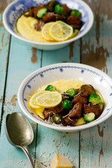 honey balsamic and lemon brussels sprout chicken with goat cheese polenta