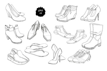 illustration of Set hand drawn graphic Men and women Footwear, shoes. Casual and sport style, gumshoes. Moccasins, sneakers, boots, pumps. Doodle, drawing Design isolated object.