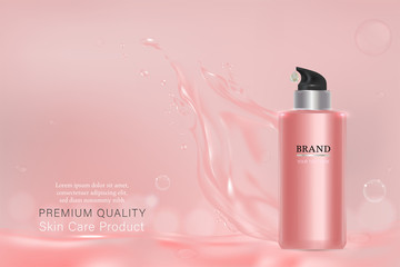 Pink cosmetic container with advertising background ready to use, liquid splash skin care ad, vector illustration.