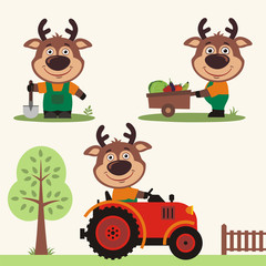 Set of funny deer farmer with shovel, with wheelbarrow with vegetables, in farm tractor. Collection of deer is working on the farm. - 199891336