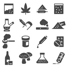 Vector drugs, addiction, marijuana, syringe icons set