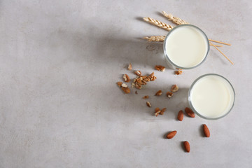 Obraz na płótnie Canvas Glasses with milk and nuts on grey background, top view