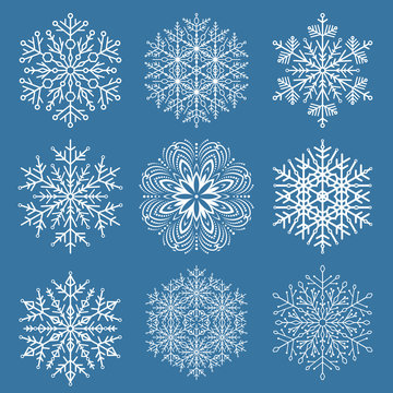 Set of vector snowflakes. White winter ornaments. Snowflakes collection. Snowflakes for backgrounds and designs