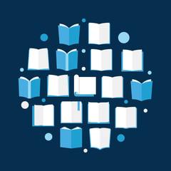 Books flat illustration. Vector reading books circular sign