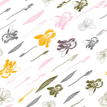 Big iris flowers . Floral vector seamless pattern with hand drawn  flowers and leaves.