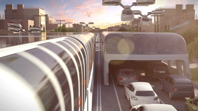 Urban transport of the future. View of the sunset. 3d animation. 4k