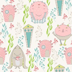 Vector Seamless pattern with cartoon funny monsters and houses.