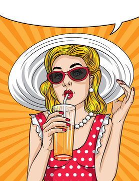 Vector retro illustration pop art comic style of a pretty woman in red dress wear sunglasses and a hat. Summer time vintage poster of a beautiful girl drinking a cocktail with orange juice