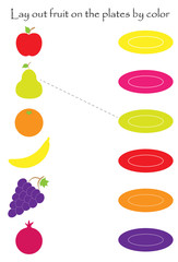 Lay out colorful fruit in cartoon style on plates by color for children, preschool worksheet activity for kids, task for the development of logical thinking, vector illustration