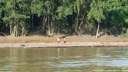 workers assemble floating wood and then drift it along the river to the processing facility. outback of Borneo, Indonesia