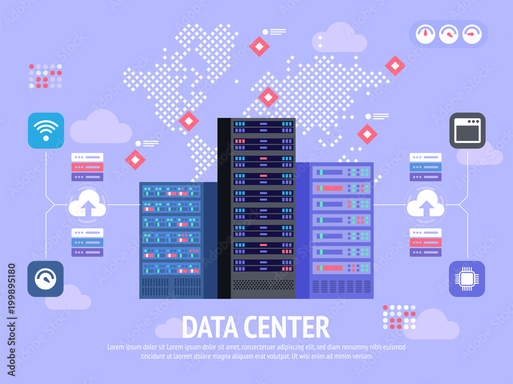 Poster data center cloud computer connection hosting server database synchronize technology