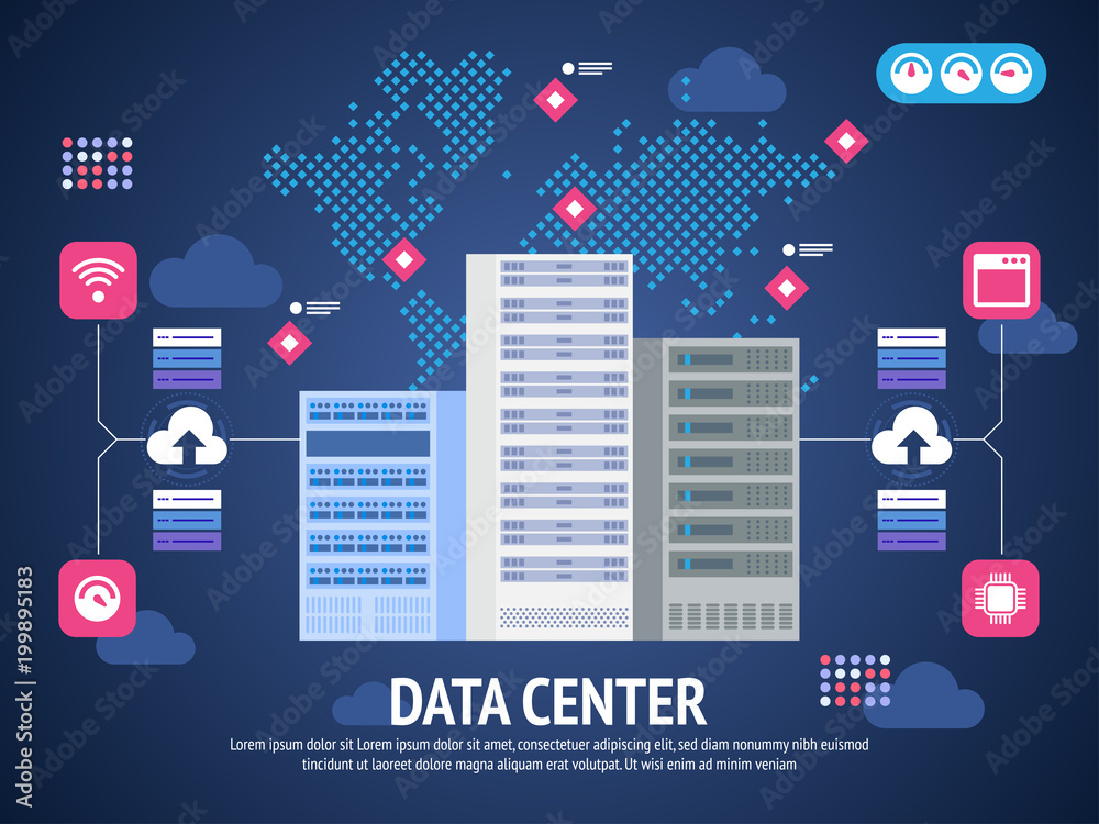 Poster data center cloud computer connection hosting server database synchronize technology