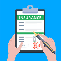 Insurance claim form. Man writes form, holding clipboard in hand.