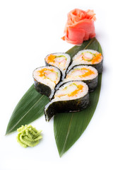 Rolls of unusual shape in the form of a drop. Sushi roll turned on a white background. Sushi Japanese food in a restaurant. Japanese restaurant menu. Isolated on white background.