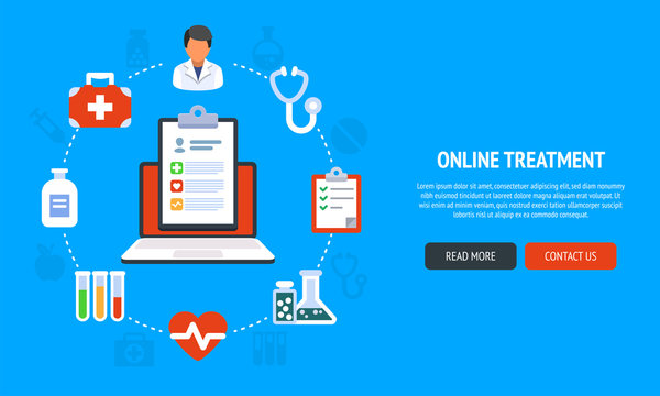 Flat line design website banner of online medical services for web design, marketing and print material.