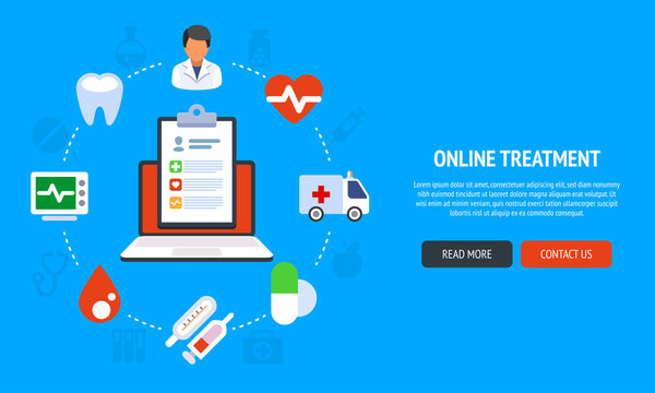 Flat line design website banner of online medical services for web design, marketing and print material.