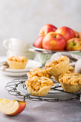 Homemade mini apple pies on metal rack on light concrete background. Healthy food concept with copy...