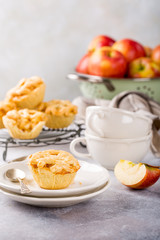 Homemade mini apple pies on white plates decorated on light concrete background. Healthy food concept with copy space.