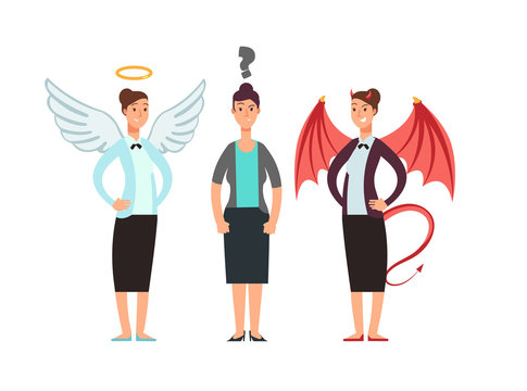 Confused woman with angel and devil over shoulders. Business ethics vector concept