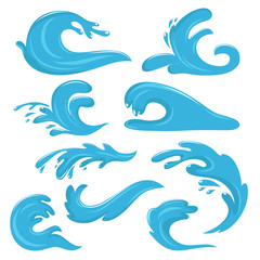 Blue ocean waves, water drops and splashes vector symbols isolated on white background