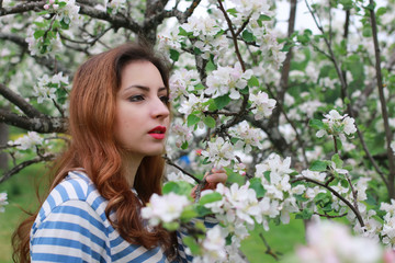 Fototapeta premium woman and flowers tree apple