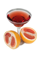 Sweet jam and fruit in glass on white background