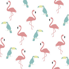 Trendy pastel flamingo and toucan seamless pattern background. Tropical poster design. Wallpaper, fabric, textile, wrapping paper vector illustration design