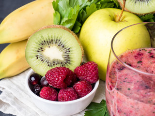 Berry dessert smoothie banana Kiwi Apple Parsley Raspberry Nuts for Breakfast