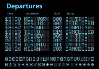 Departures and arrivals airport digital board vector template. Airline scoreboard with led letters and numbers