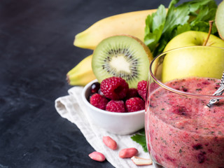 Berry dessert smoothie banana Kiwi Apple Parsley Raspberry Nuts for Breakfast