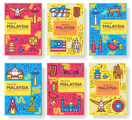 Country Malaysia travel vector brochure cards thin line. architecture template of flyear, magazines, posters, book cover, banners. Layout  monument set on  traditional ethnic  or outline modern pages