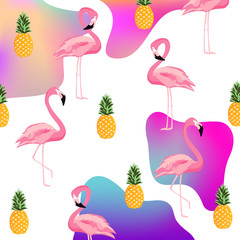 Trendy fluid flamingo and pineapple seamless pattern background. Summer tropical poster design. Wallpaper, fabric, textile, wrapping paper vector illustration design