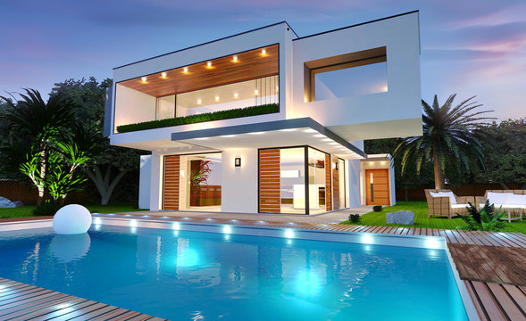 Belle maison moderne d'architecte avec piscine avec éclairage de nuit