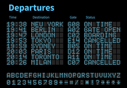 Departures and arrivals airport digital board vector template. Airline scoreboard with led letters and numbers