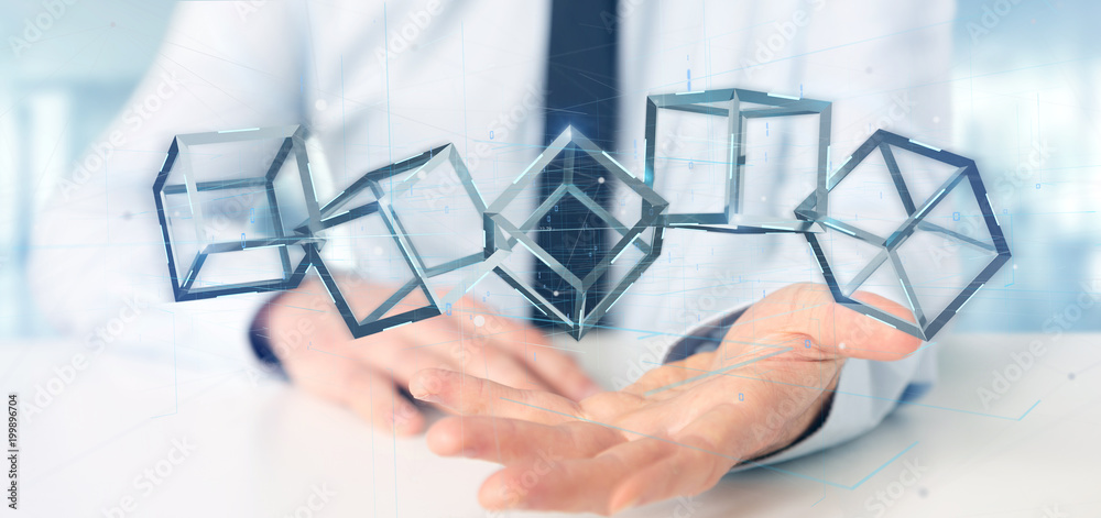 Poster businessman holding a 3d rendering blockchain cube isolated on a background